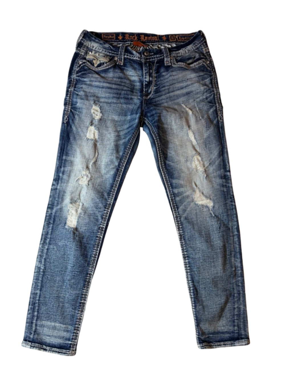 Rock Revival Easy Skinny Women’s Jeans 31 Blue Distressed Y2K Contrast Stitch